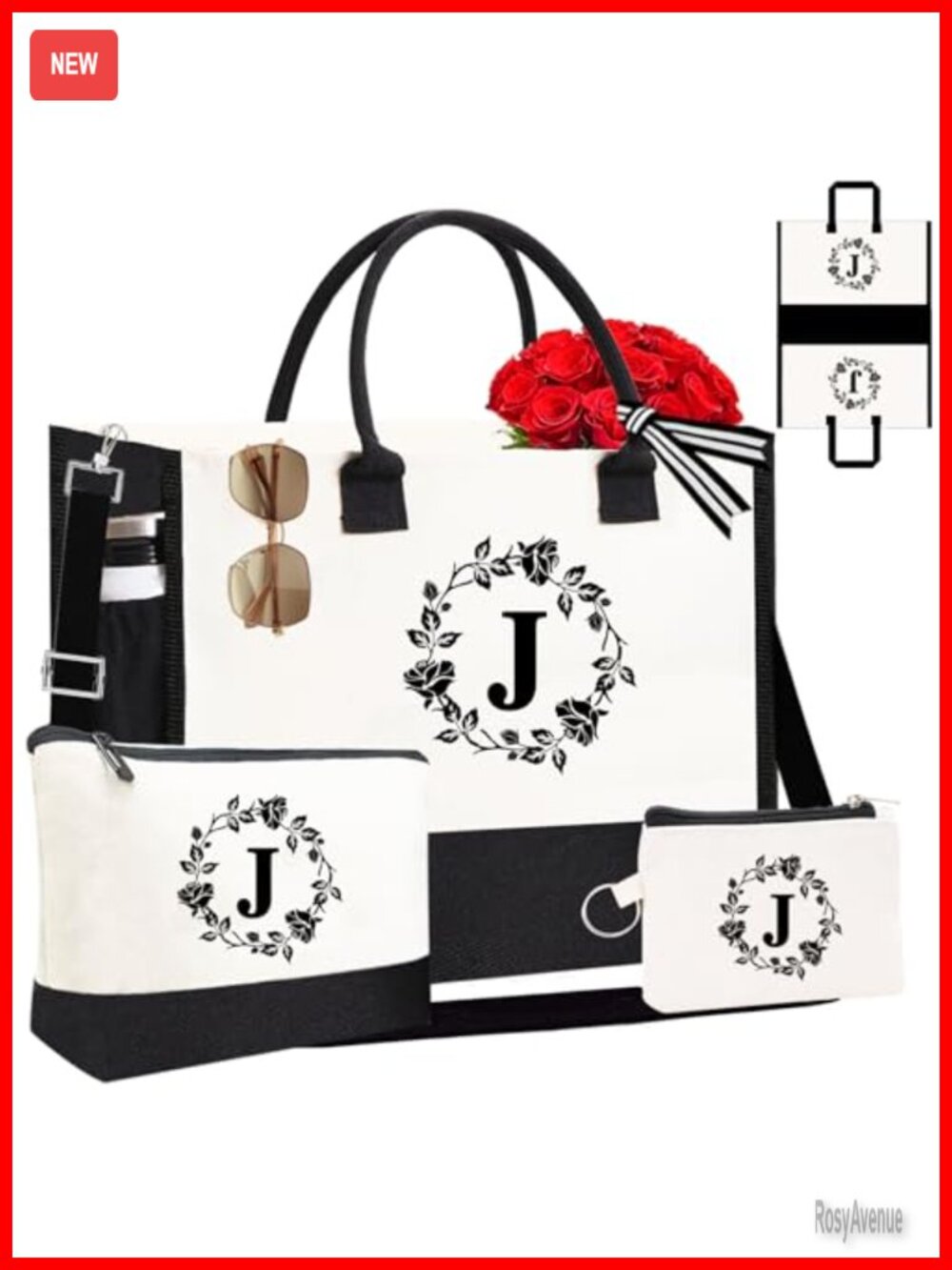 Monogram Personalized Canvas Tote Bag Set – Double-Sided Embroidery